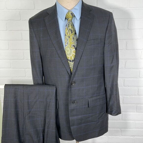 Ralph‎ Lauren Suit Men 40R 30W 27L Gray Royal Blue Windowpane Plaid Classic Wool - Picture 1 of 16